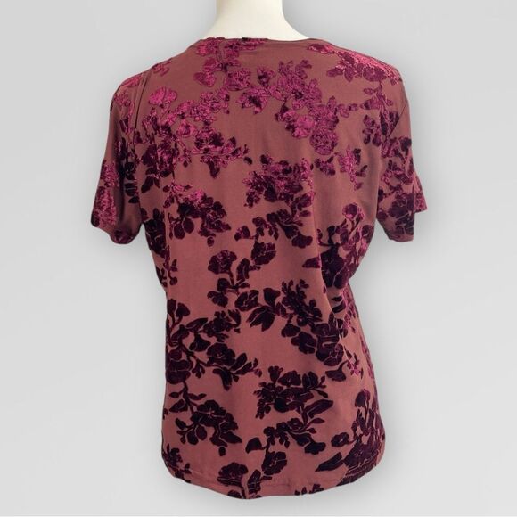 Vintage Velvet Floral Blouse, Large. Burgundy maroon semi sheer t-shirt top - Picture 3 of 13